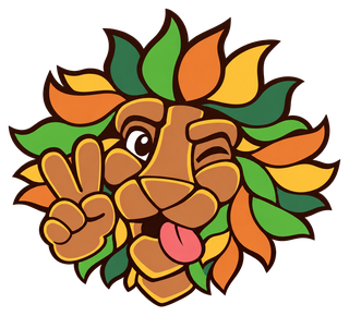 The Dutch-Smart mascot, a lion with a green and orange mane, winking and making a peace sign